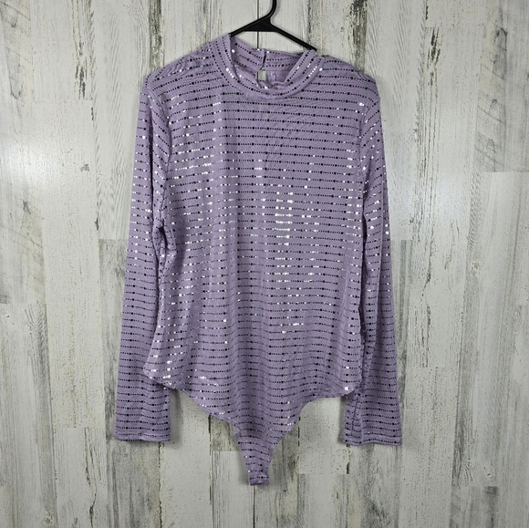 Iris lavender and silver sparkle long sleeve bodysuit women's plus size 3X - Picture 1 of 11
